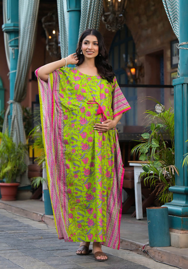 Green Multi Floral Print Maternity & Feeding Kaftan Dress with Concealed Zipper