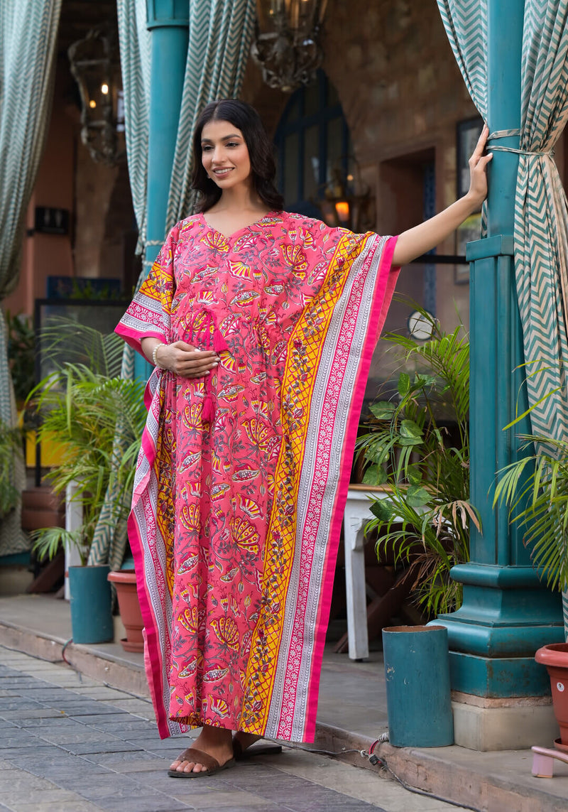Peach Multi Floral Print Maternity & Feeding Kaftan Dress with Concealed Zipper