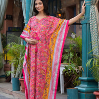 Peach Multi Floral Print Maternity & Feeding Kaftan Dress with Concealed Zipper