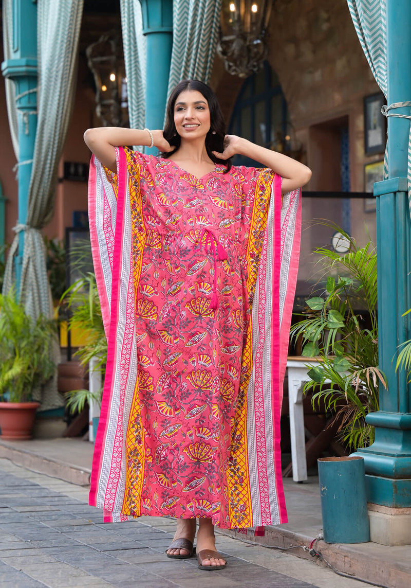 Peach Multi Floral Print Maternity & Feeding Kaftan Dress with Concealed Zipper