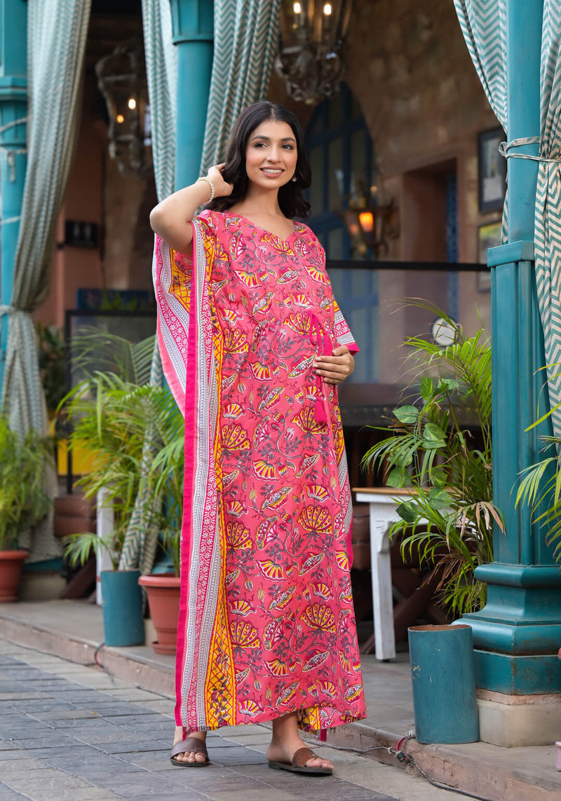 Peach Multi Floral Print Maternity & Feeding Kaftan Dress with Concealed Zipper