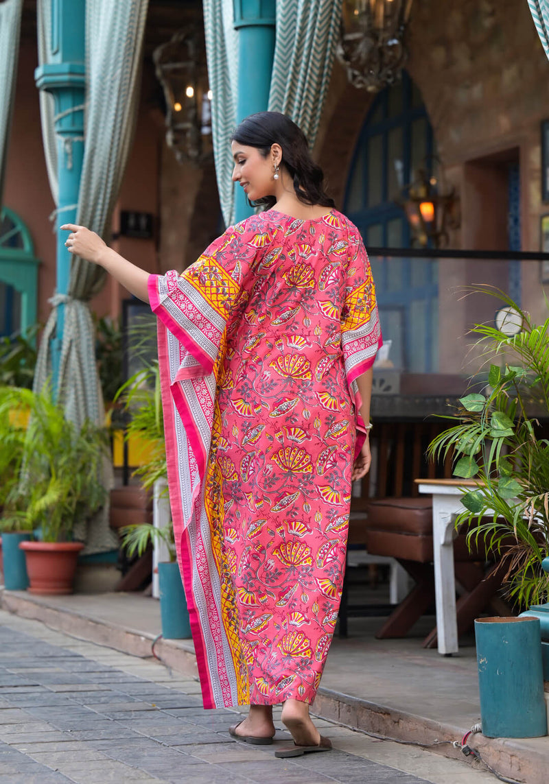 Peach Multi Floral Print Maternity & Feeding Kaftan Dress with Concealed Zipper