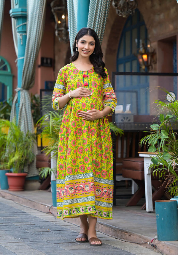 Yellow Multi Floral Print Maternity & Feeding Midi Dress with Concealed Zipper