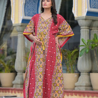 Red Mustard Ethnic Print Maternity & Feeding Kaftan Dress with Concealed Zipper