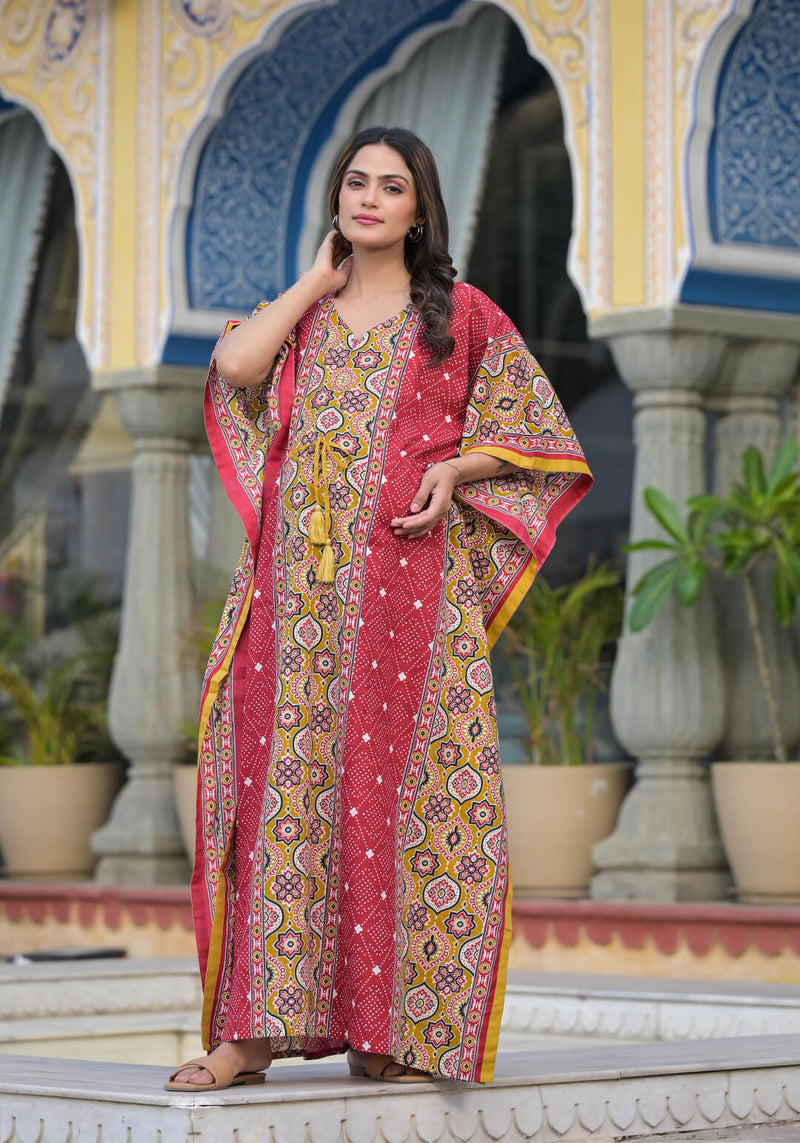 Red Mustard Ethnic Print Maternity & Feeding Kaftan Dress with Concealed Zipper