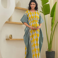 Mustard Ethnic Motifs Print Maternity & Feeding Kaftan Dress with Concealed Zipper