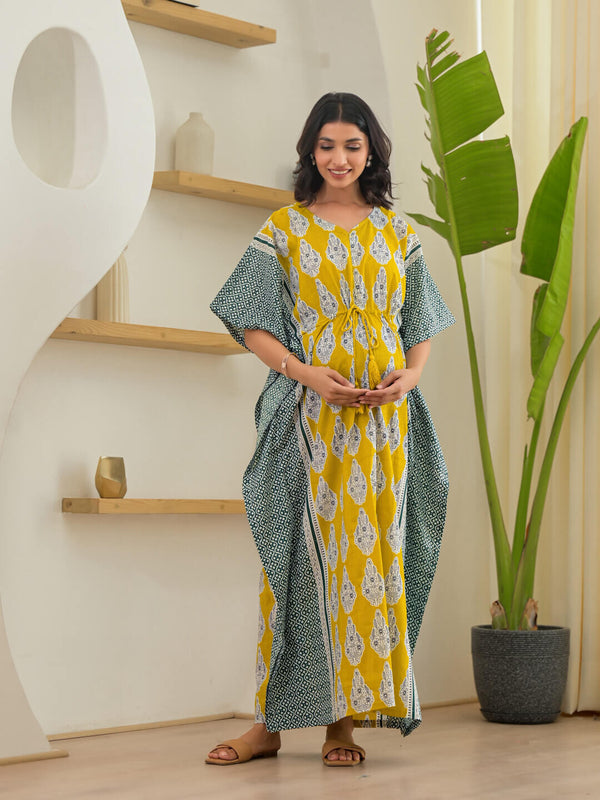 Mustard Ethnic Motifs Print Maternity & Feeding Kaftan Dress with Concealed Zipper