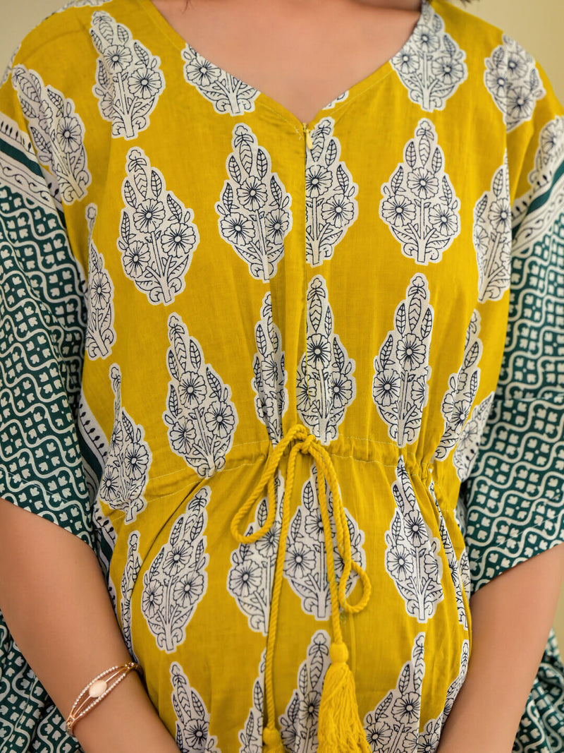 Mustard Ethnic Motifs Print Maternity & Feeding Kaftan Dress with Concealed Zipper