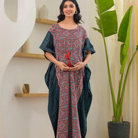 Maroon Teal Geometric Print Maternity & Feeding Kaftan Dress with Concealed Zipper