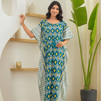 Teal White Geometric Print Maternity & Feeding Kaftan Dress with Concealed Zipper