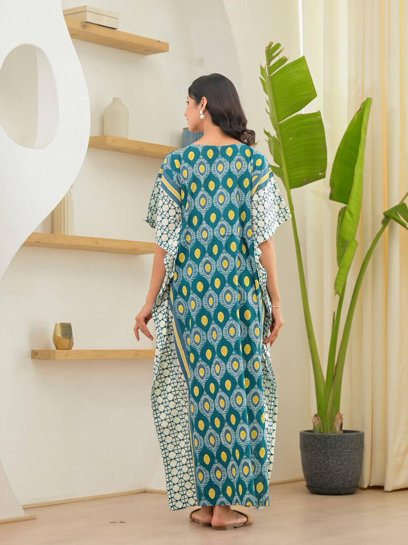 Teal White Geometric Print Maternity & Feeding Kaftan Dress with Concealed Zipper
