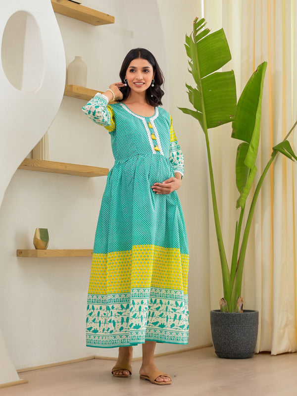 Sea Green Yellow Floral Print Maternity & Feeding Midi Dress with Concealed Zippers