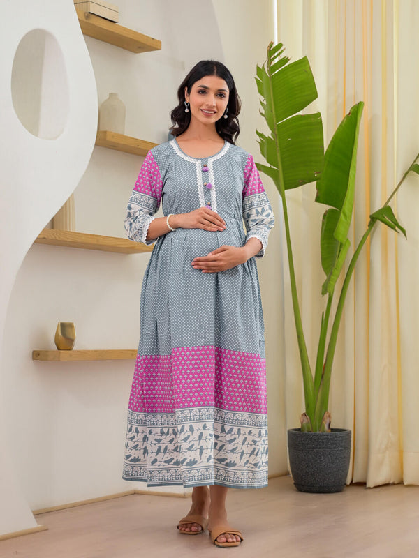 Grey Floral Print Maternity & Feeding Midi Dress with Concealed Zippers