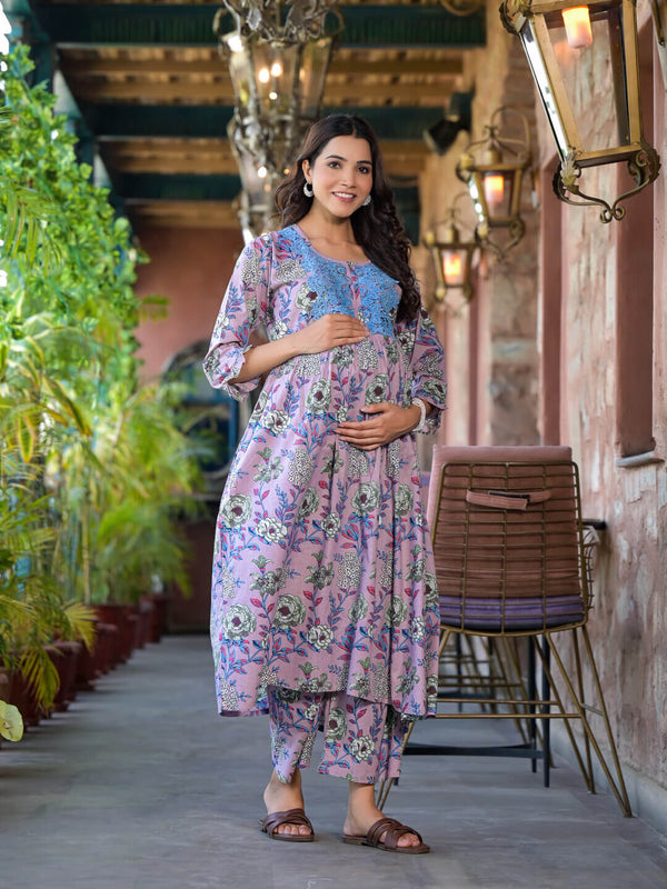 Lavender Blue Floral Print Cotton Maternity & Feeding Flare Kurta Set with Concealed Zipper