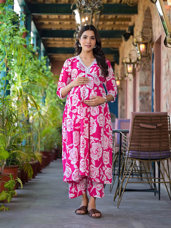 Pink White Floral Print Cotton Maternity & Feeding Flare Kurta Set with Concealed Zipper