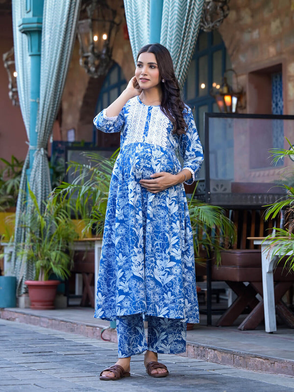 Blue White Floral Print Cotton Maternity & Feeding Flare Kurta Set with Concealed Zipper