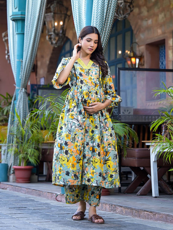 Sage Green Yellow Floral Print Cotton Maternity & Feeding Flare Kurta Set with Concealed Zipper