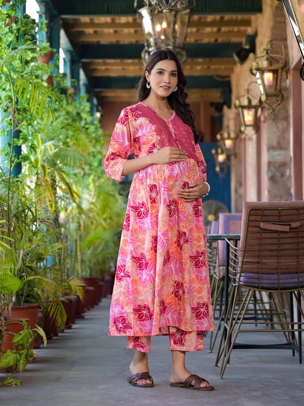 Pink Multi Floral Print Cotton Maternity & Feeding Flare Kurta Set with Concealed Zipper