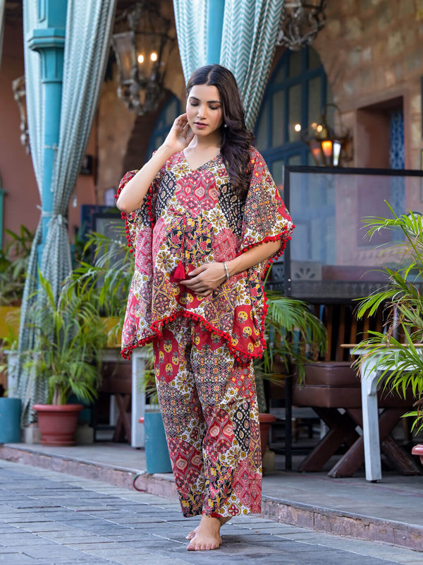 Red Multi Ethnic Print Maternity Feeding-Friendly Kaftan Night Suit with Concealed Zipper