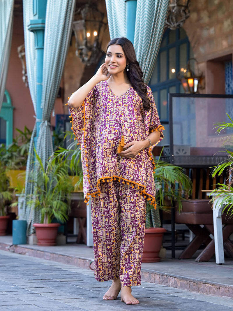 Purple Mustard Ethnic Print Maternity Feeding-Friendly Kaftan Night Suit with Concealed Zipper