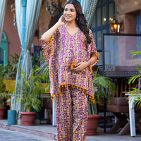 Purple Mustard Ethnic Print Maternity Feeding-Friendly Kaftan Night Suit with Concealed Zipper