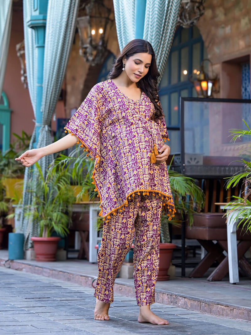 Purple Mustard Ethnic Print Maternity Feeding-Friendly Kaftan Night Suit with Concealed Zipper