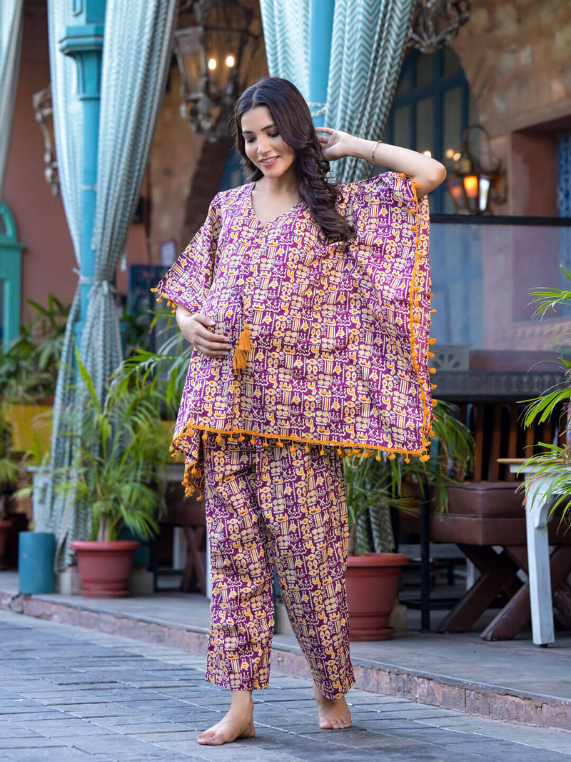 Purple Mustard Ethnic Print Maternity Feeding-Friendly Kaftan Night Suit with Concealed Zipper