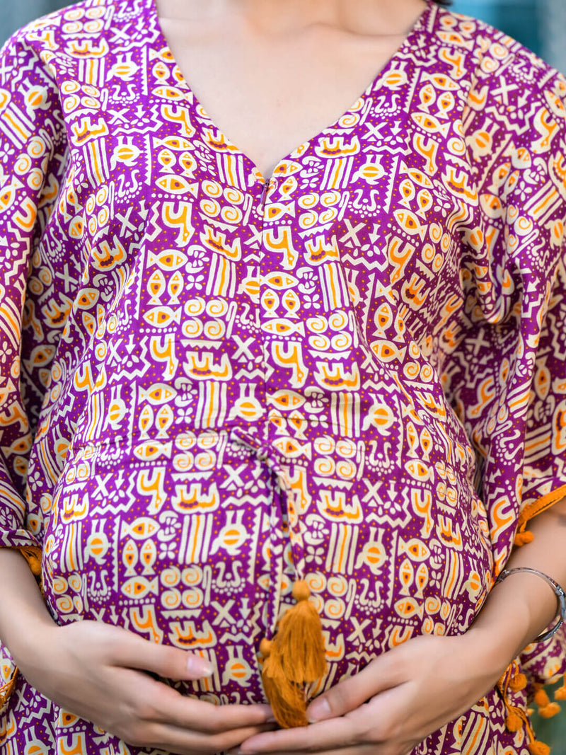 Purple Mustard Ethnic Print Maternity Feeding-Friendly Kaftan Night Suit with Concealed Zipper
