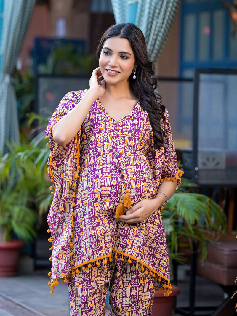 Purple Mustard Ethnic Print Maternity Feeding-Friendly Kaftan Night Suit with Concealed Zipper
