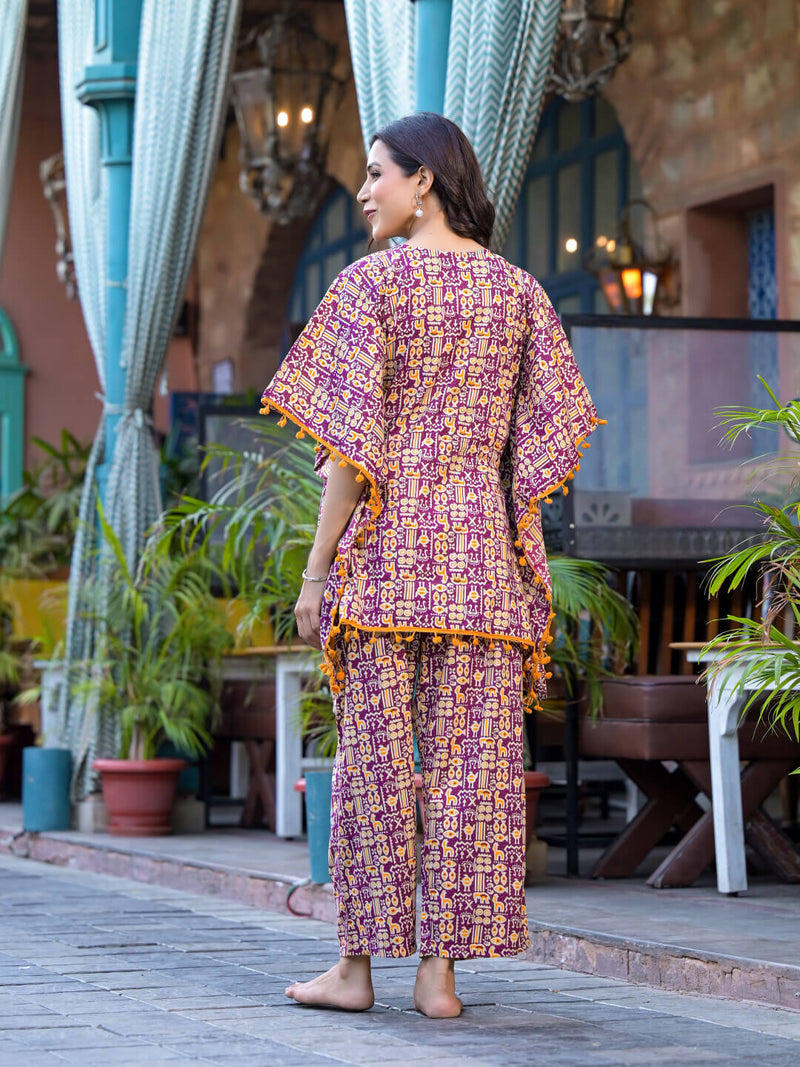 Purple Mustard Ethnic Print Maternity Feeding-Friendly Kaftan Night Suit with Concealed Zipper