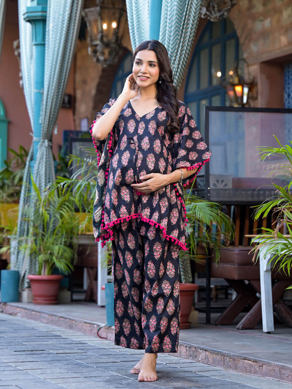Black Fuchsia Ethnic Print Maternity Feeding-Friendly Kaftan Night Suit with Concealed Zipper