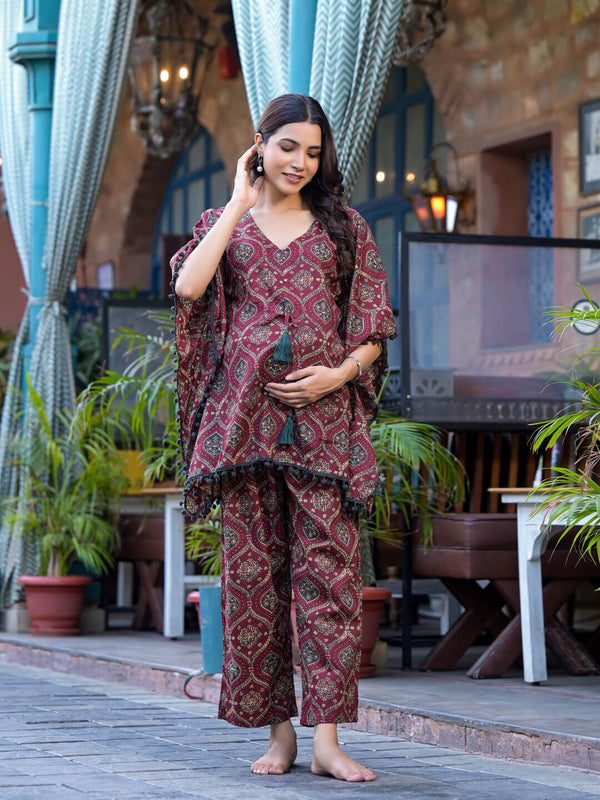 Maroon Grey Ethnic Print Maternity Feeding-Friendly Kaftan Night Suit with Concealed Zipper