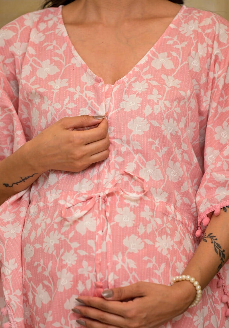 Light Pink Floral Print Maternity Feeding-Friendly Kaftan Night Suit with Concealed Zipper