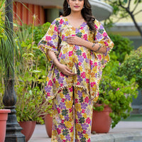 Lemon Multi Floral Print Maternity Feeding-Friendly Kaftan Night Suit with Concealed Zipper