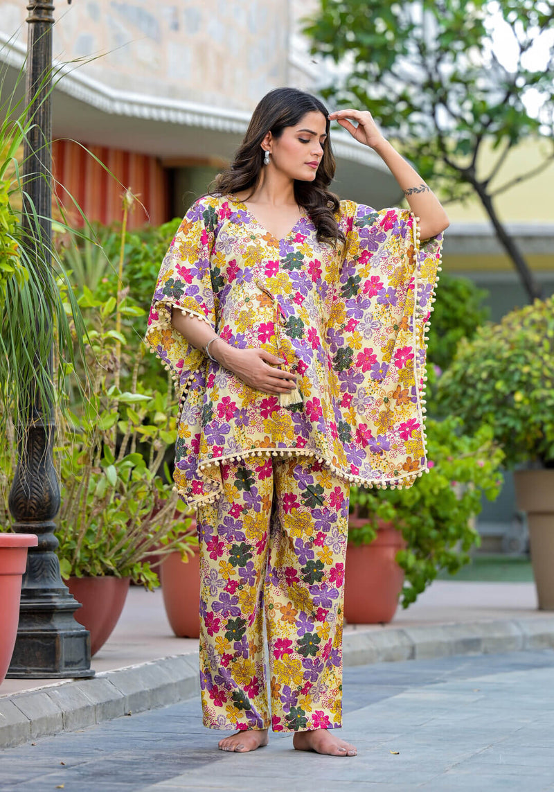 Lemon Multi Floral Print Maternity Feeding-Friendly Kaftan Night Suit with Concealed Zipper