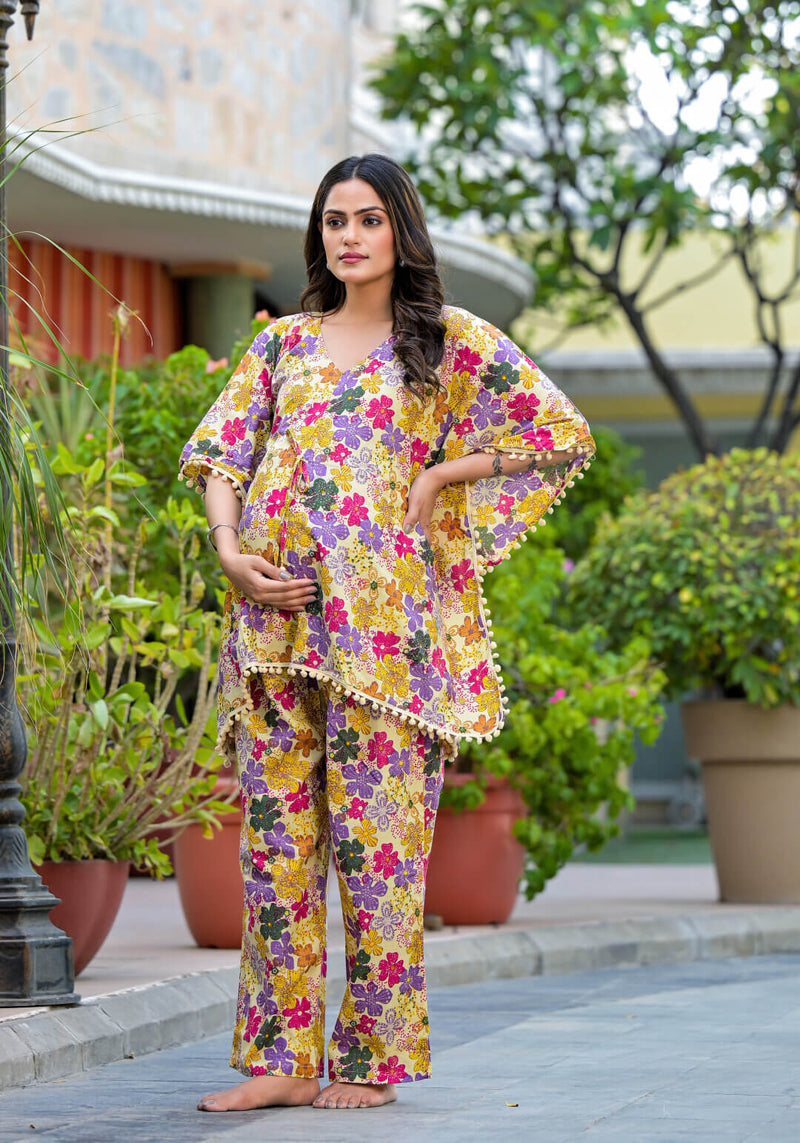 Lemon Multi Floral Print Maternity Feeding-Friendly Kaftan Night Suit with Concealed Zipper