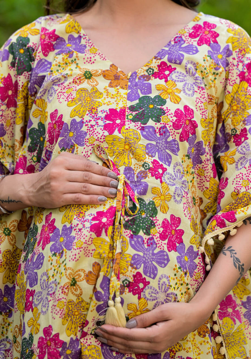 Lemon Multi Floral Print Maternity Feeding-Friendly Kaftan Night Suit with Concealed Zipper