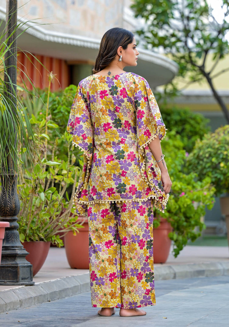 Lemon Multi Floral Print Maternity Feeding-Friendly Kaftan Night Suit with Concealed Zipper