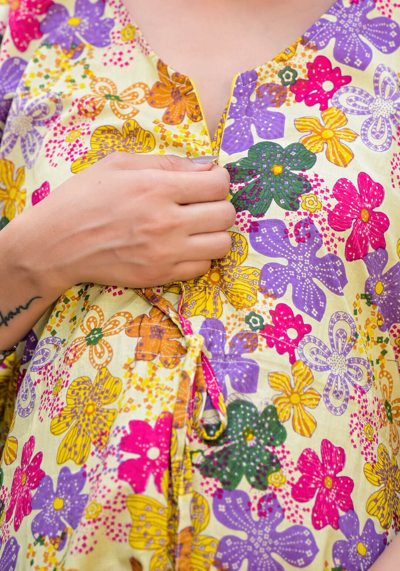Lemon Multi Floral Print Maternity Feeding-Friendly Kaftan Night Suit with Concealed Zipper