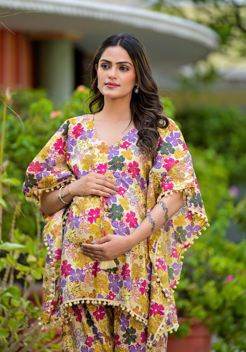 Lemon Multi Floral Print Maternity Feeding-Friendly Kaftan Night Suit with Concealed Zipper