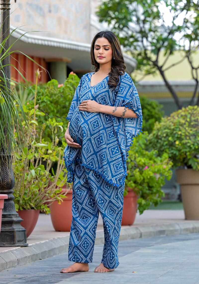 Royal Blue Geometric Print Maternity Feeding-Friendly Kaftan Night Suit with Concealed Zipper