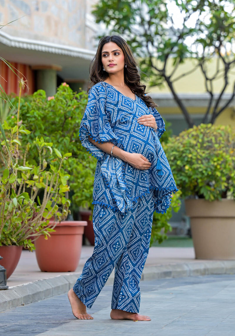 Royal Blue Geometric Print Maternity Feeding-Friendly Kaftan Night Suit with Concealed Zipper