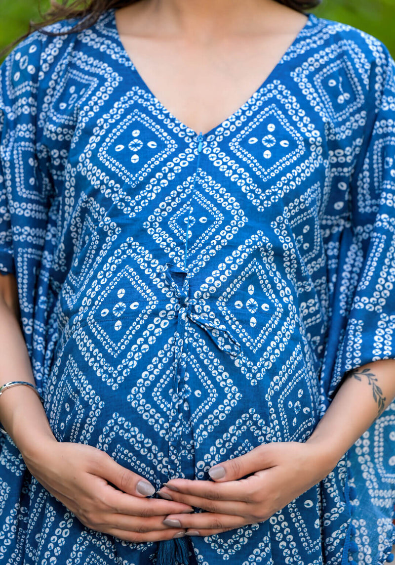 Royal Blue Geometric Print Maternity Feeding-Friendly Kaftan Night Suit with Concealed Zipper