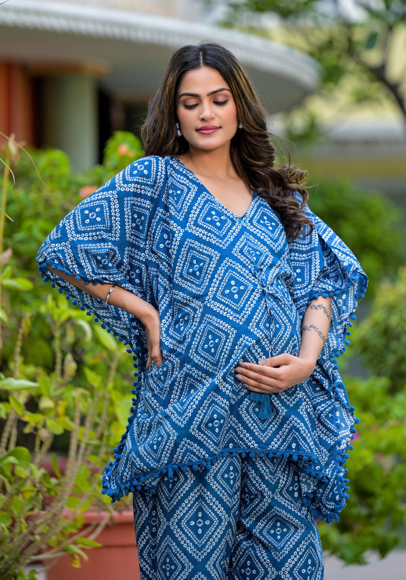 Royal Blue Geometric Print Maternity Feeding-Friendly Kaftan Night Suit with Concealed Zipper
