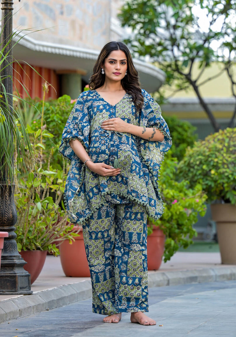 Blue Green Ethnic Print Maternity Feeding-Friendly Kaftan Night Suit with Concealed Zipper