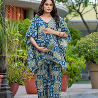 Blue Green Ethnic Print Maternity Feeding-Friendly Kaftan Night Suit with Concealed Zipper
