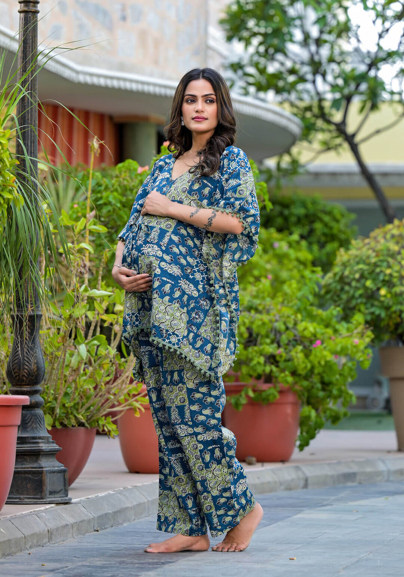 Blue Green Ethnic Print Maternity Feeding-Friendly Kaftan Night Suit with Concealed Zipper