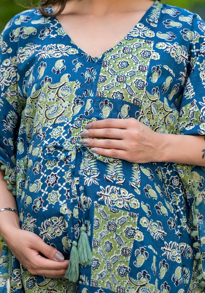 Blue Green Ethnic Print Maternity Feeding-Friendly Kaftan Night Suit with Concealed Zipper