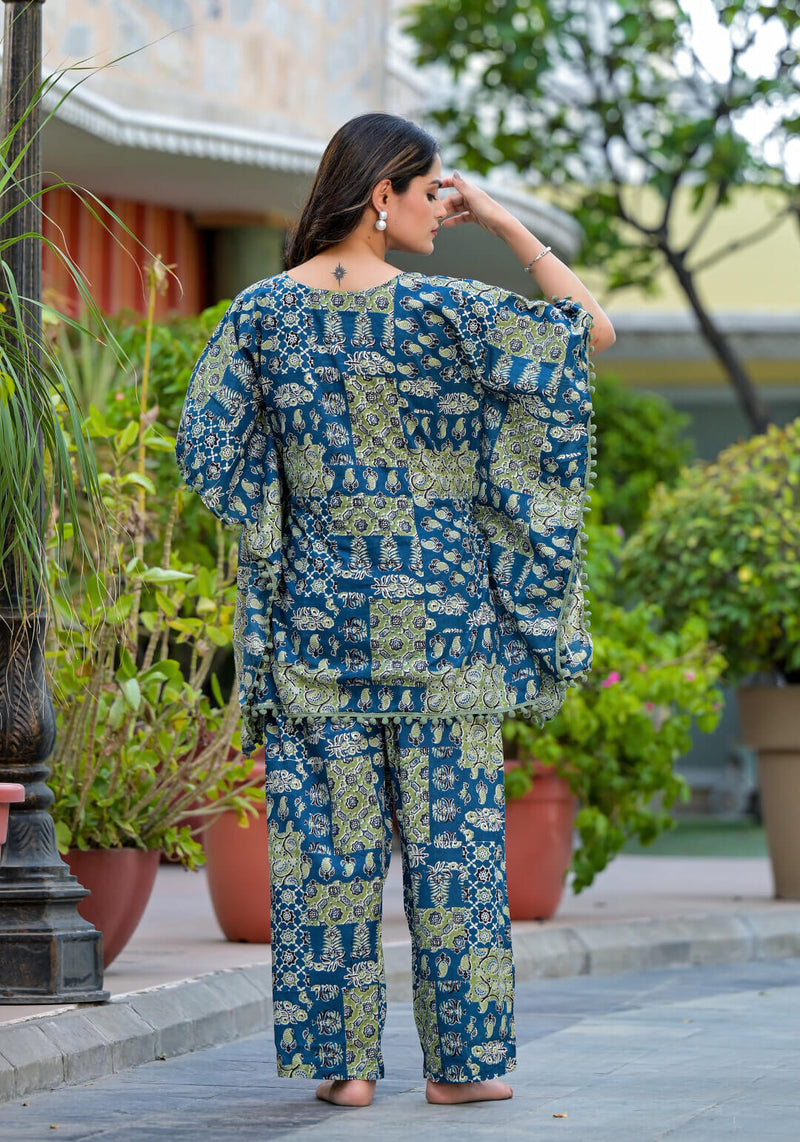 Blue Green Ethnic Print Maternity Feeding-Friendly Kaftan Night Suit with Concealed Zipper