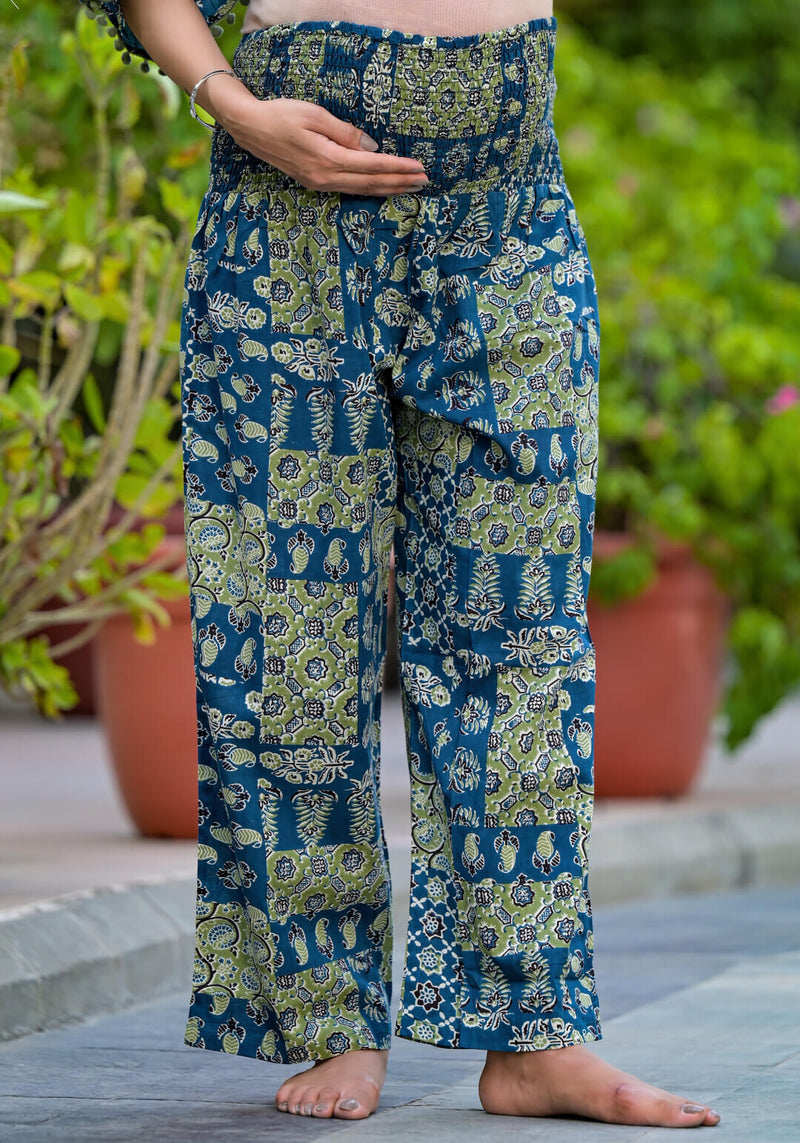 Blue Green Ethnic Print Maternity Feeding-Friendly Kaftan Night Suit with Concealed Zipper